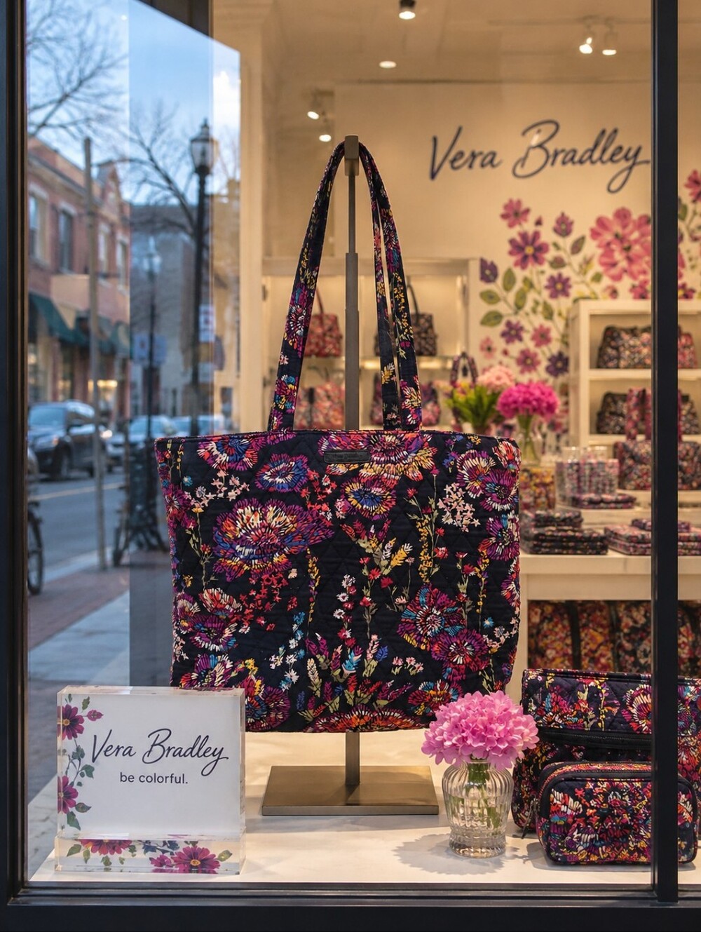 Vera Bradley Black Quilted Tote with Multicolor Floral Print